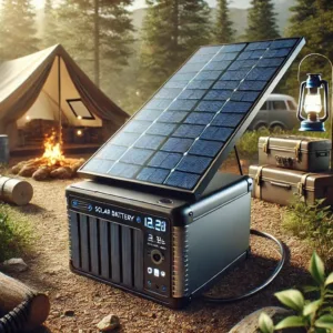 Image d'une batterie solaire portable haute capacité FOSSIBOT utilisée en camping, alimentant divers appareils électroniques grâce à l'énergie solaire, avec un panneau solaire exposé au soleil.