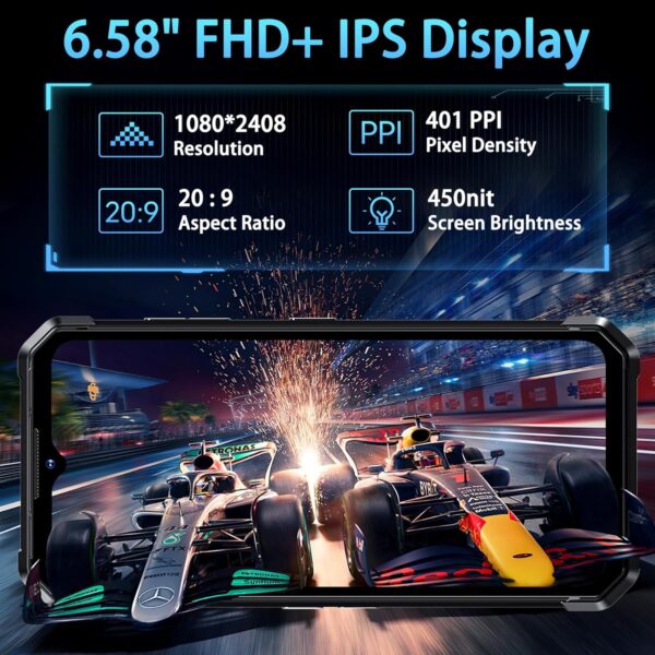 Image de l'écran FHD+ IPS de 6,58 pouces du téléphone FOSSIBOT F106 Pro, offrant une résolution de 1080x2408, un ratio d'aspect 20:9, une densité de pixels de 401 PPI et une luminosité de 450 nits pour une expérience visuelle exceptionnelle.