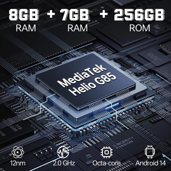 Processeur MediaTek Helio G85 sur le téléphone FOSSIBOT F106 Pro, équipé de 8 Go de RAM + 7 Go de RAM virtuelle et 256 Go de stockage, offrant des performances octa-core optimales.